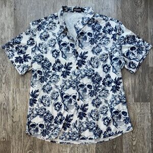 Men's Punk Rock Crown Floral Skull Print Short Sleeve Shirt